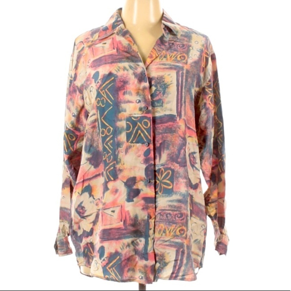 Vintage 80s Capezio Silk Abstract Button Down Top… - image 1